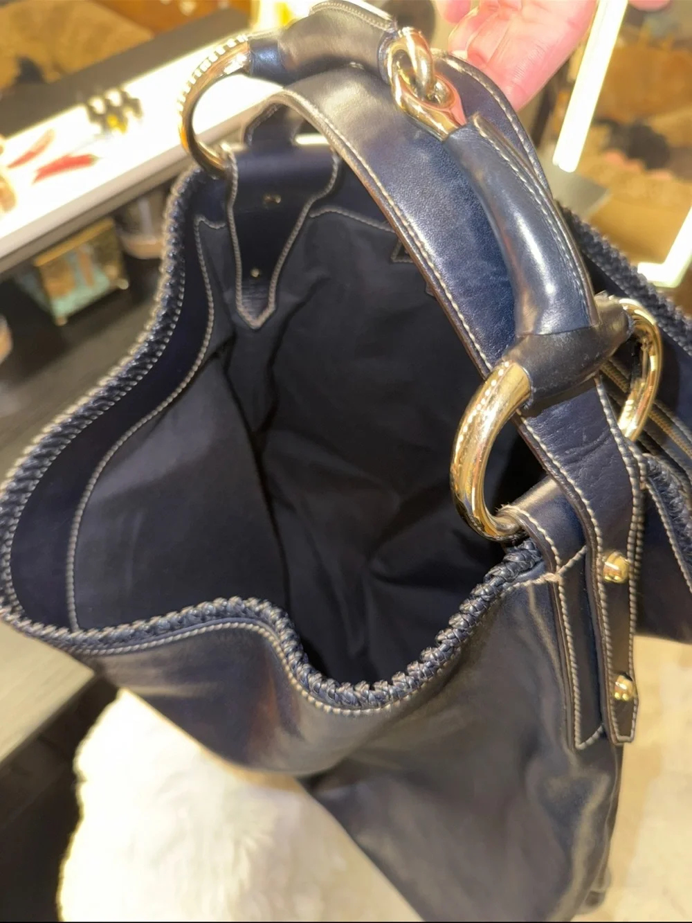 Gucci Navy Blue Horsebit Hobo Women’s Leather Hobo Bag with Gold Tone Hardware